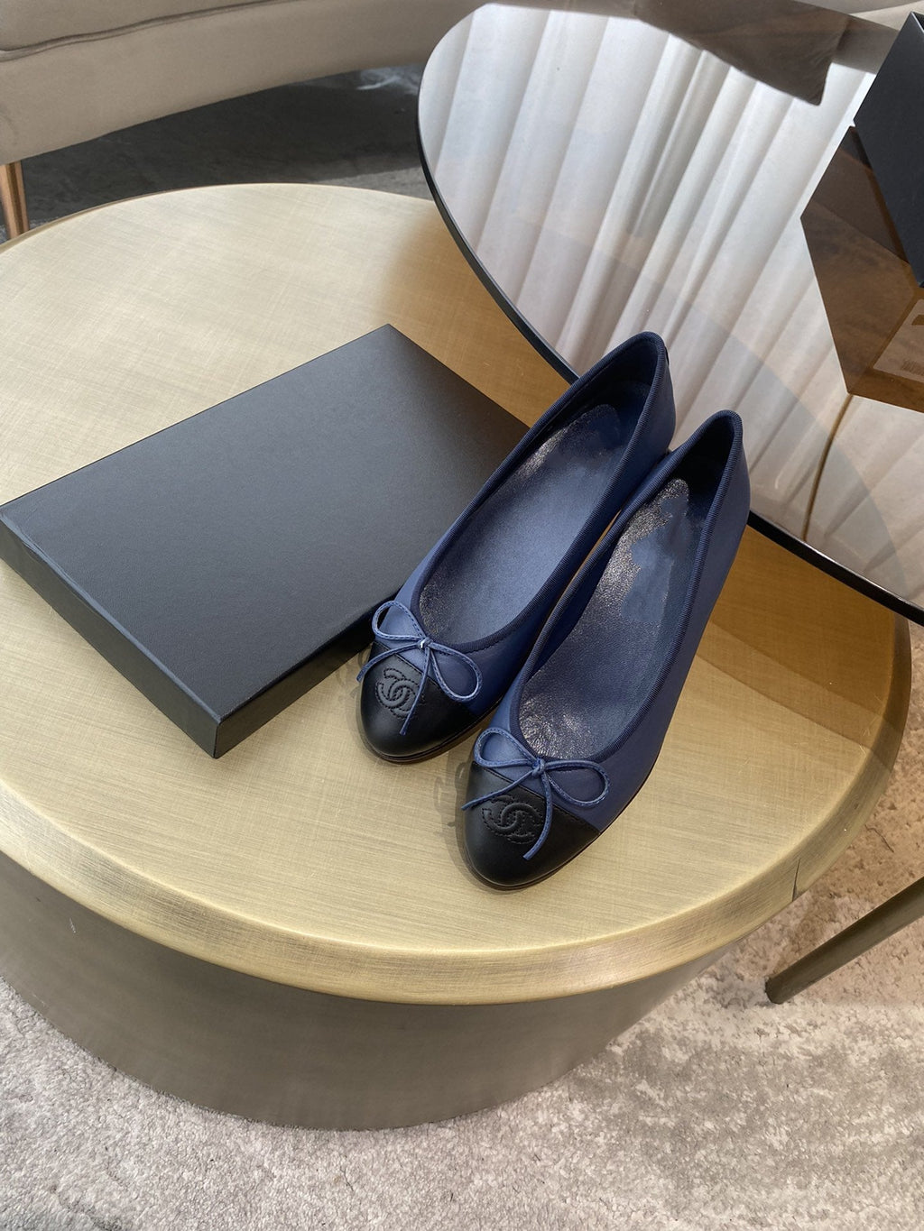 CHANEL BALLET FLATS DARK BLUE BLACK LAMBSKIN