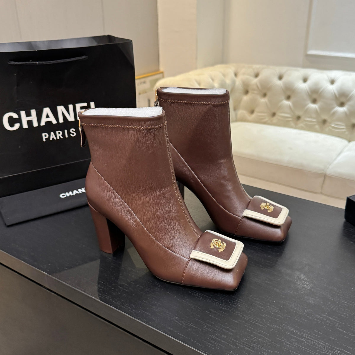 Chanel Brown Square-Toe Heeled Ankle Boots