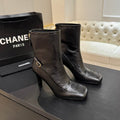 Chanel Black Leather Square-Toe Heeled Ankle Boots