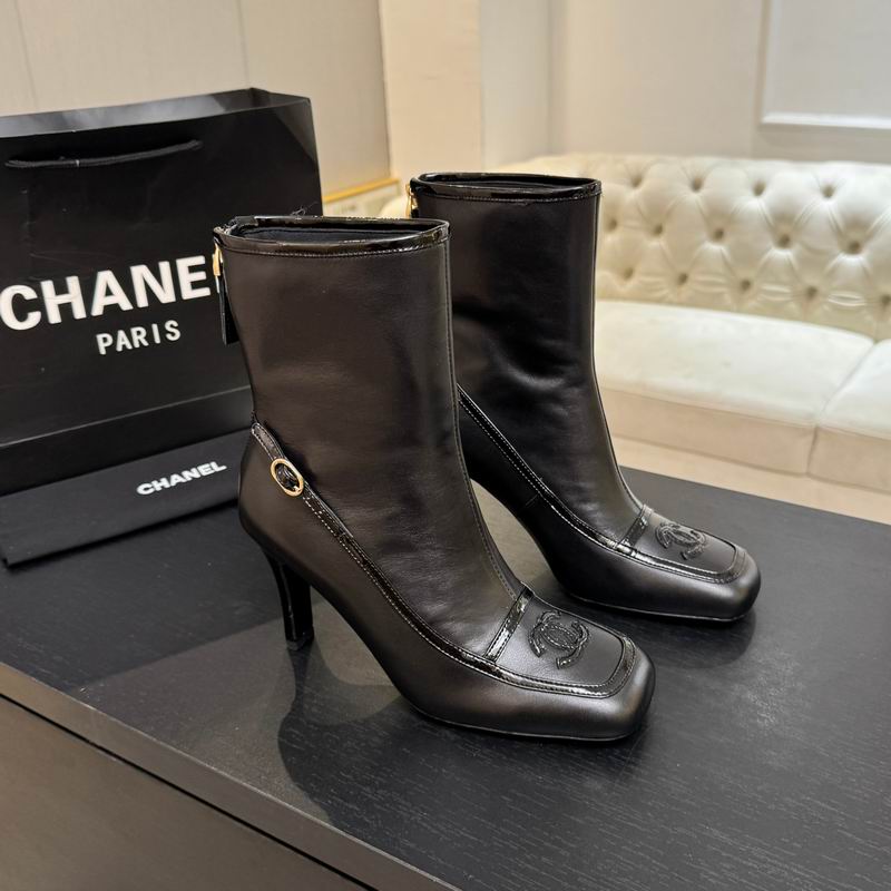 Chanel Black Leather Square-Toe Heeled Ankle Boots