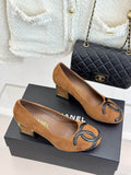 Chanel Cognac Suede CC Buckle Block-Heel Pumps