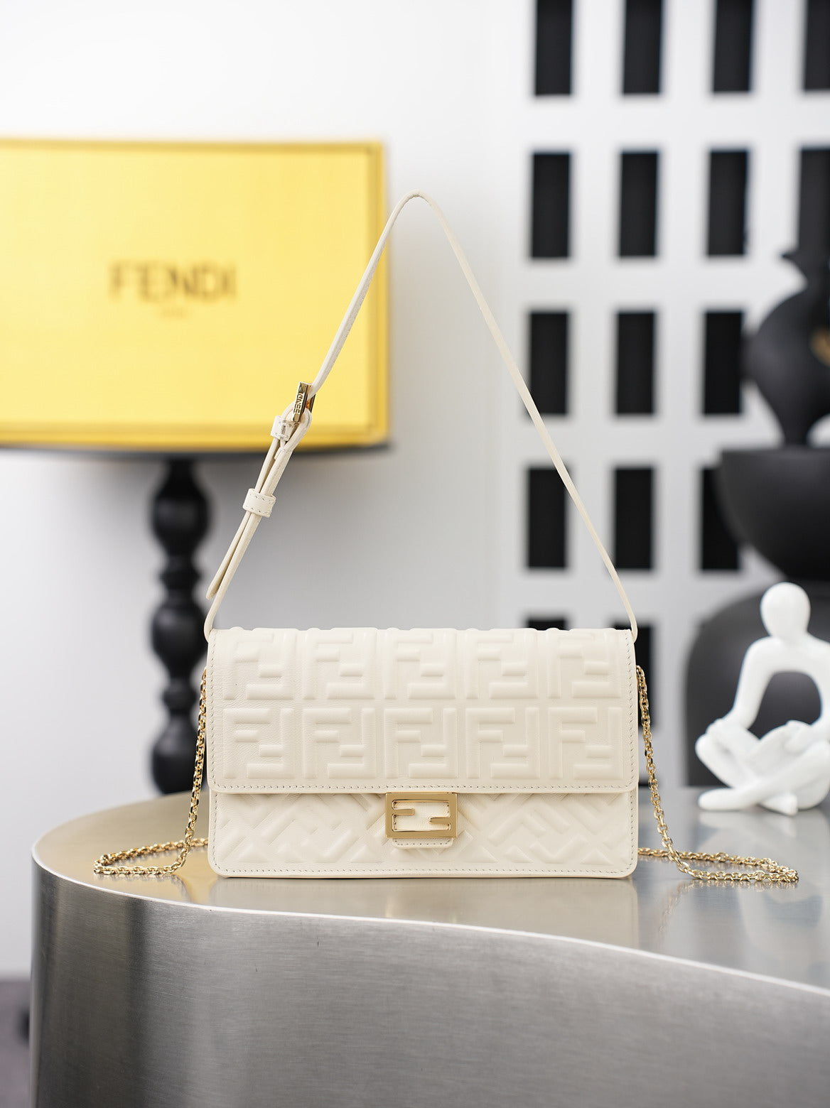 Fendi Ivory Embossed Chain Shoulder Bag