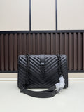 YSL Black Chevron Quilted Shoulder Bag with Chain Strap