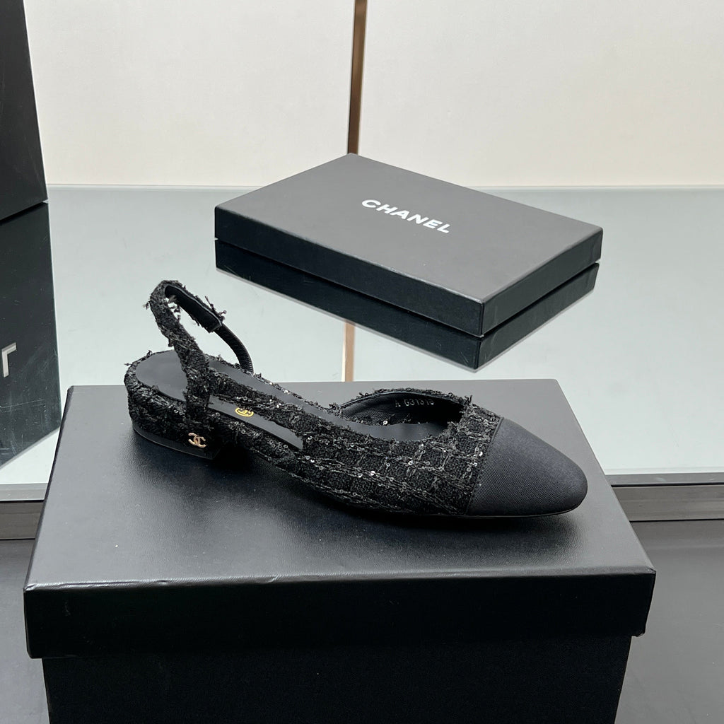 CHANEL SLINGBACK 25S IN BLACK FABRIC AND TWEED SEQUINED