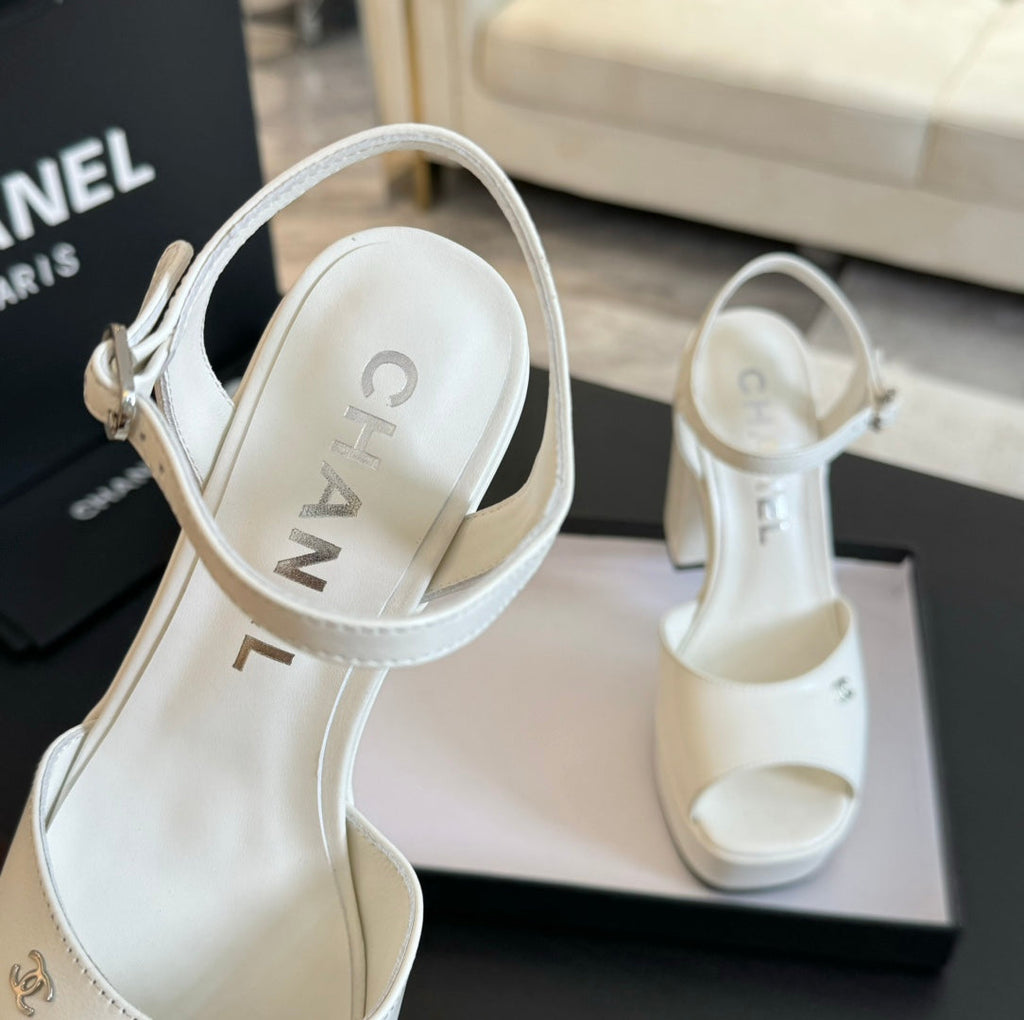 CHANEL HIGH HEEL PLATFORM SANDALS IN WHITE CALFSKIN
