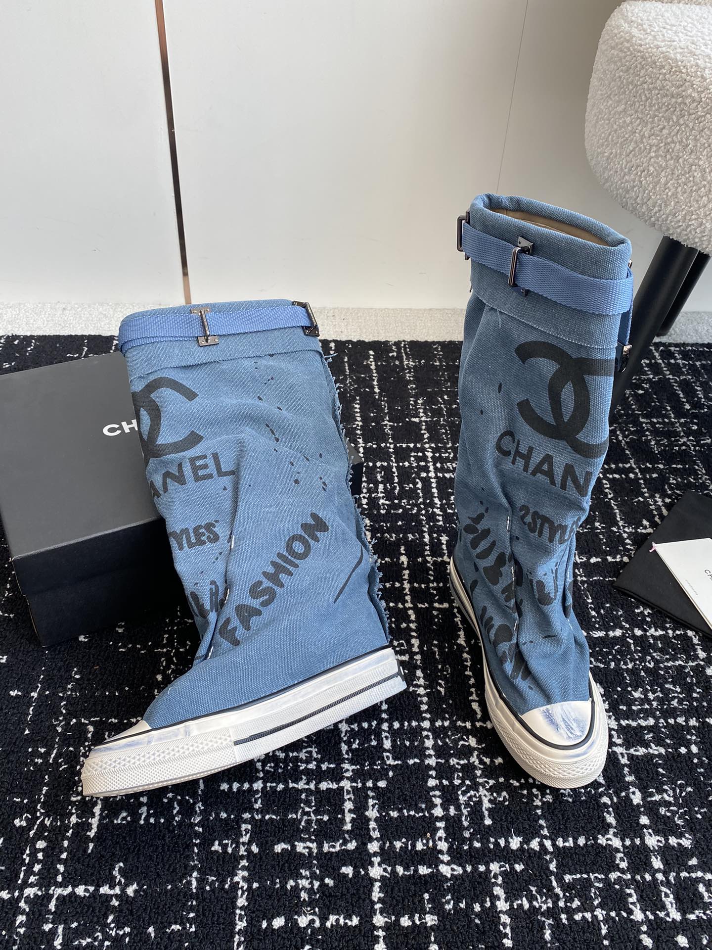CHANEL HIGH BOOTS IN OCEAN BLUE CANVAS