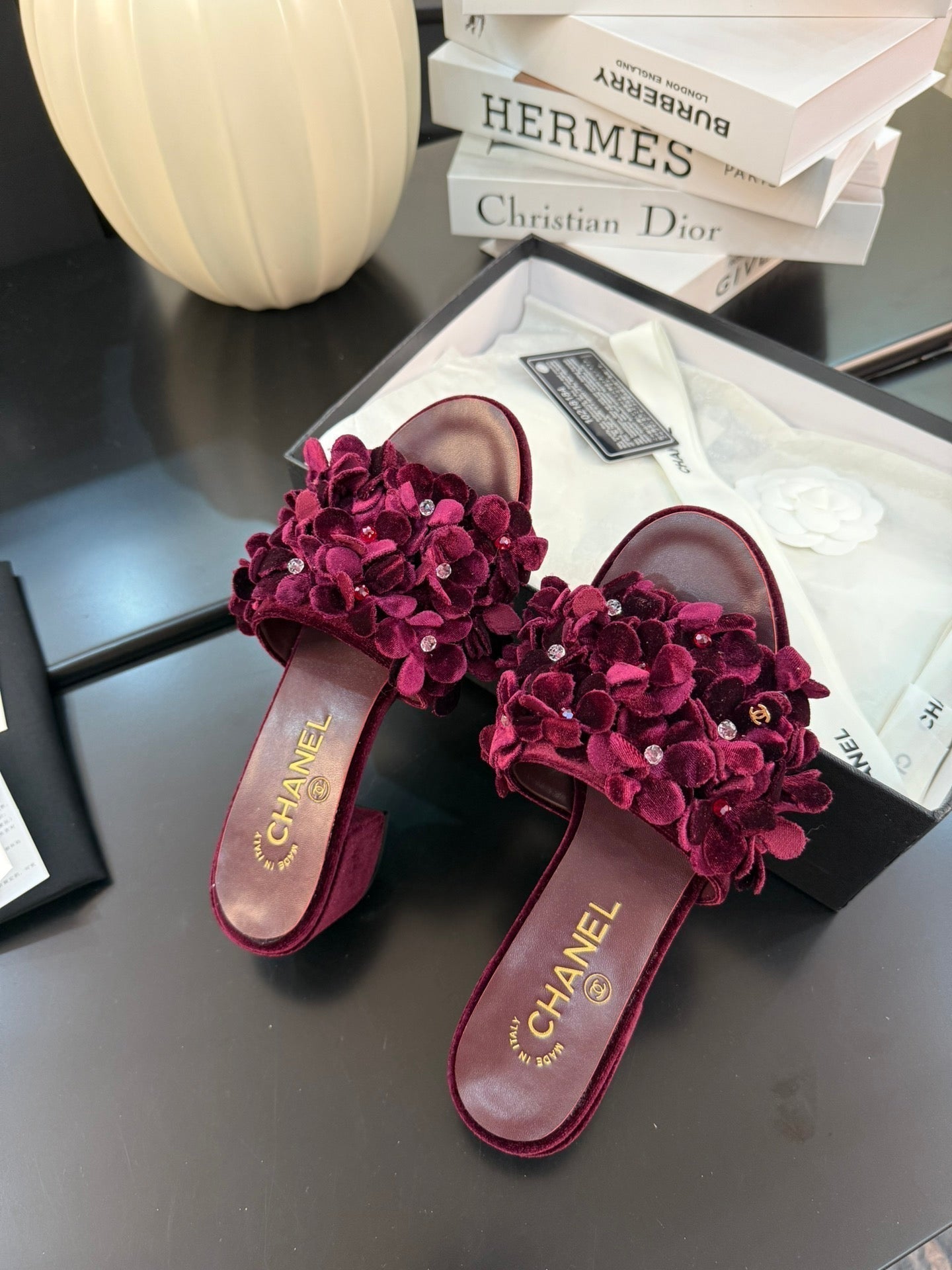 CHANEL MID HEEL 45 MM MULE IN PLUM PURPLE VELVET