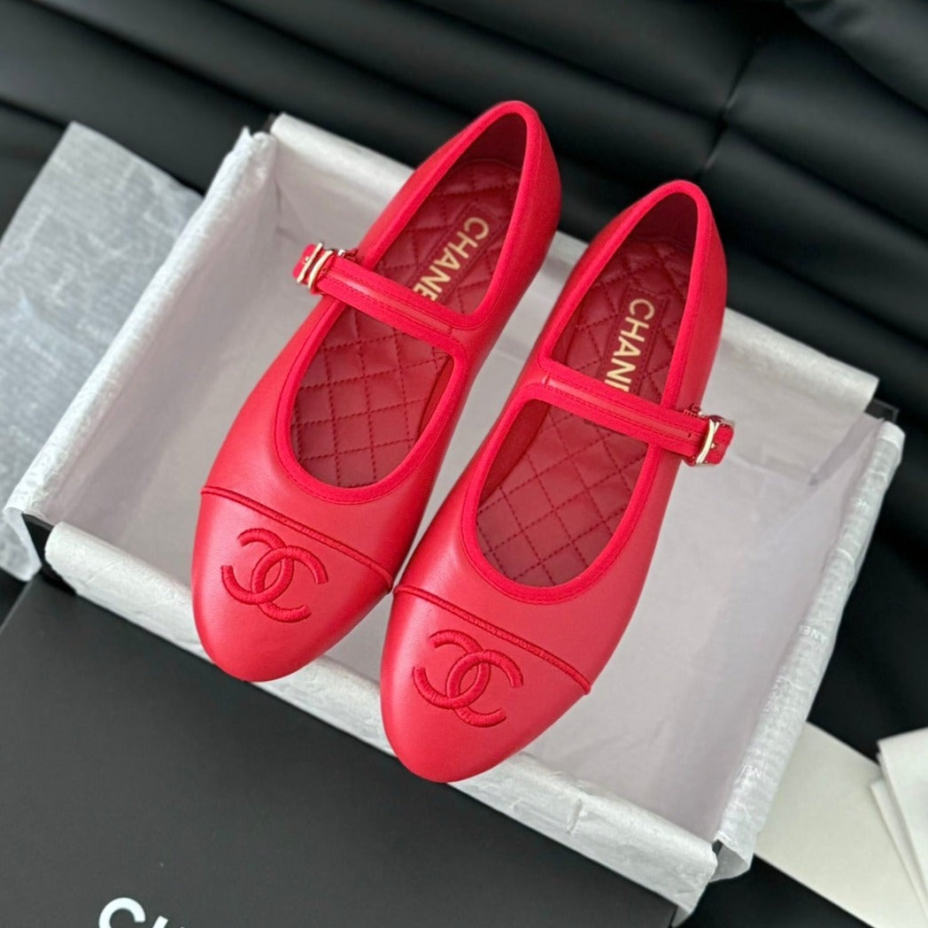 CHANEL MARY JANE SHOES IN ROSE RED LAMBSKIN