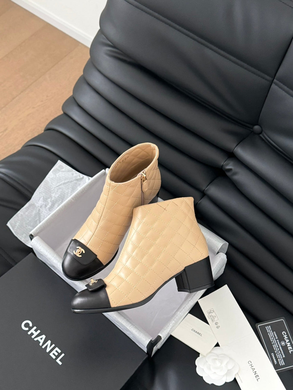 CHANEL SHORT BOOTS 65 MM IN SEPIA BEIGE MIX BLACK QUILTED PATTERN LAMBSKIN