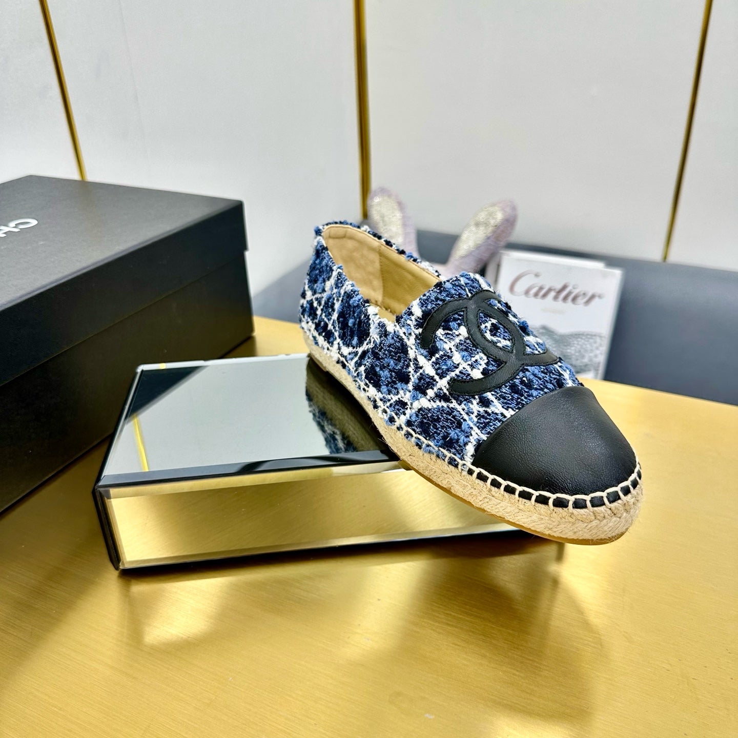 CHANEL ESPADRILLES PLATFORM 25S IN BLUE TWEED MIX BLACK CALFSKIN