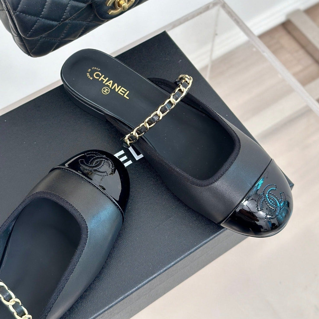 CHANEL Double C Two-Tone Chain Mules Black Lambskin